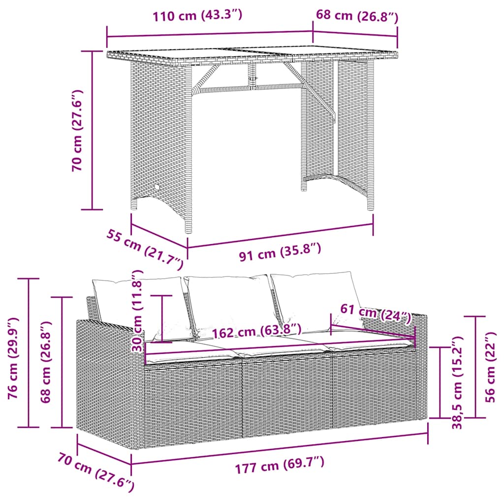 Set da Pranzo da Giardino 2 pz con Cuscini Nero in Polyrattan | homemem39