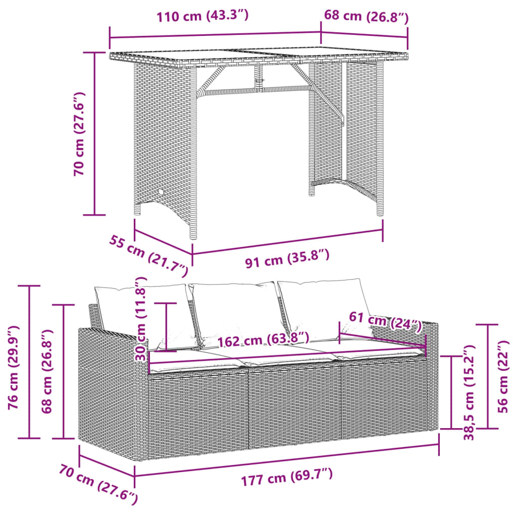 Set da Pranzo da Giardino 2 pz con Cuscini Beige in Polyrattan | homemem39