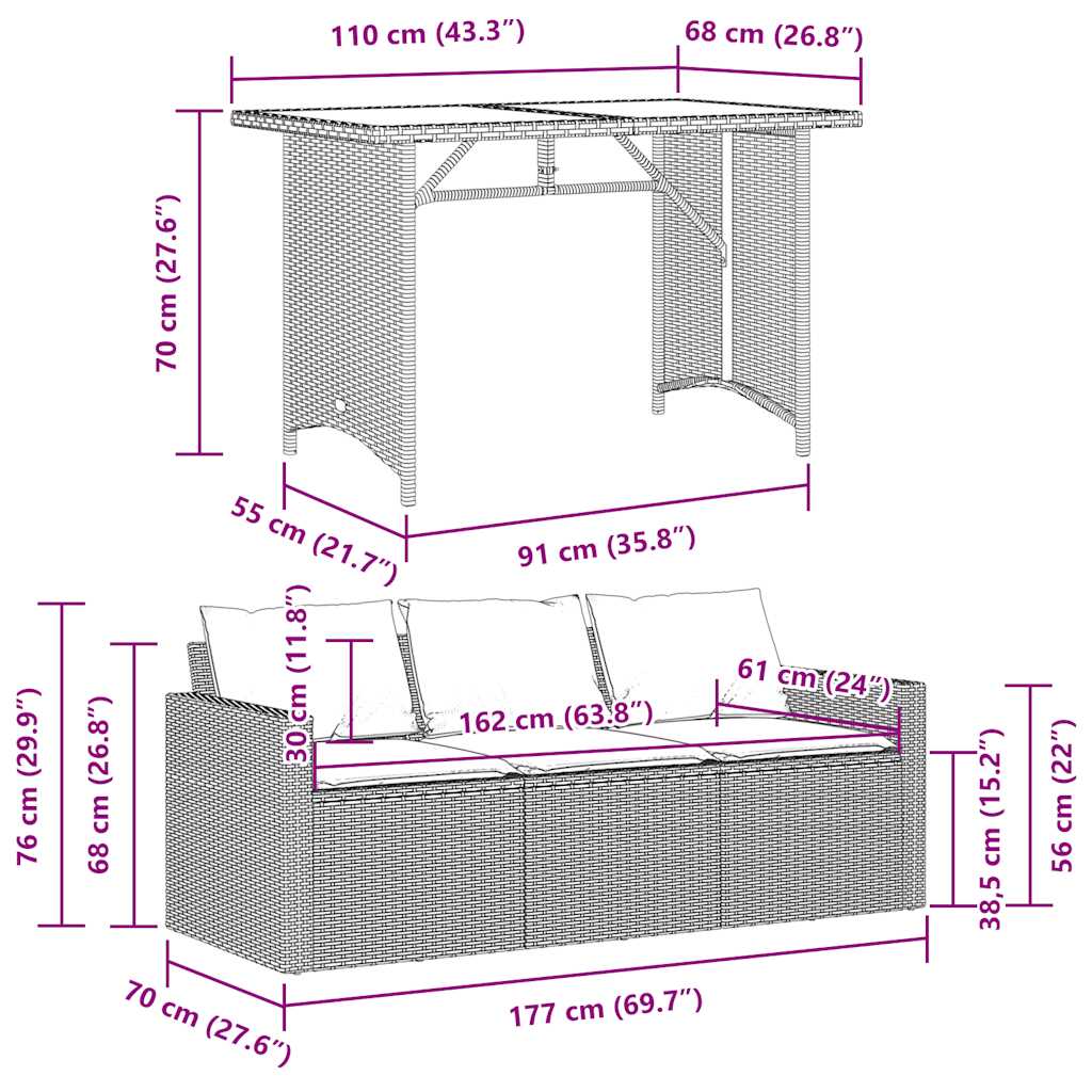 Set da Pranzo da Giardino 2 pz con Cuscini Beige in Polyrattan