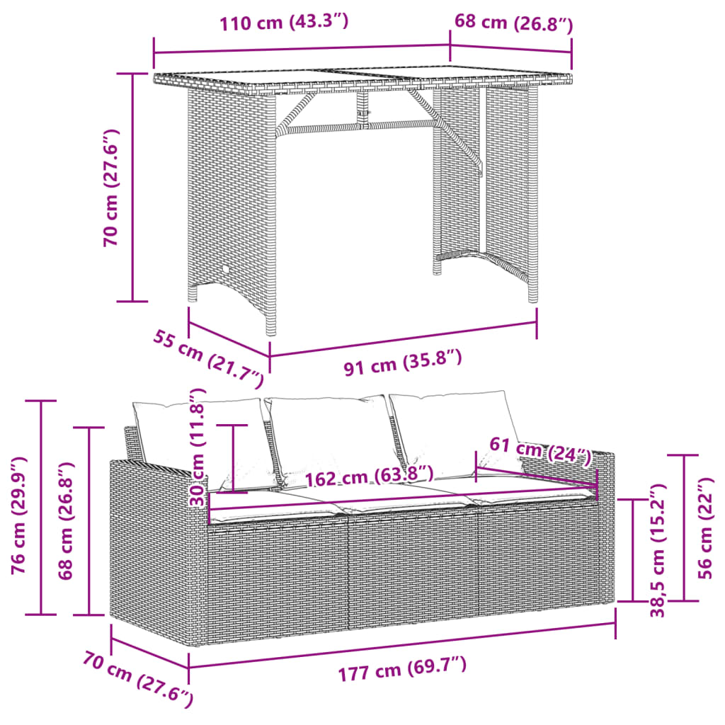 Set da Pranzo da Giardino 2 pz con Cuscini Beige in Polyrattan | homemem39
