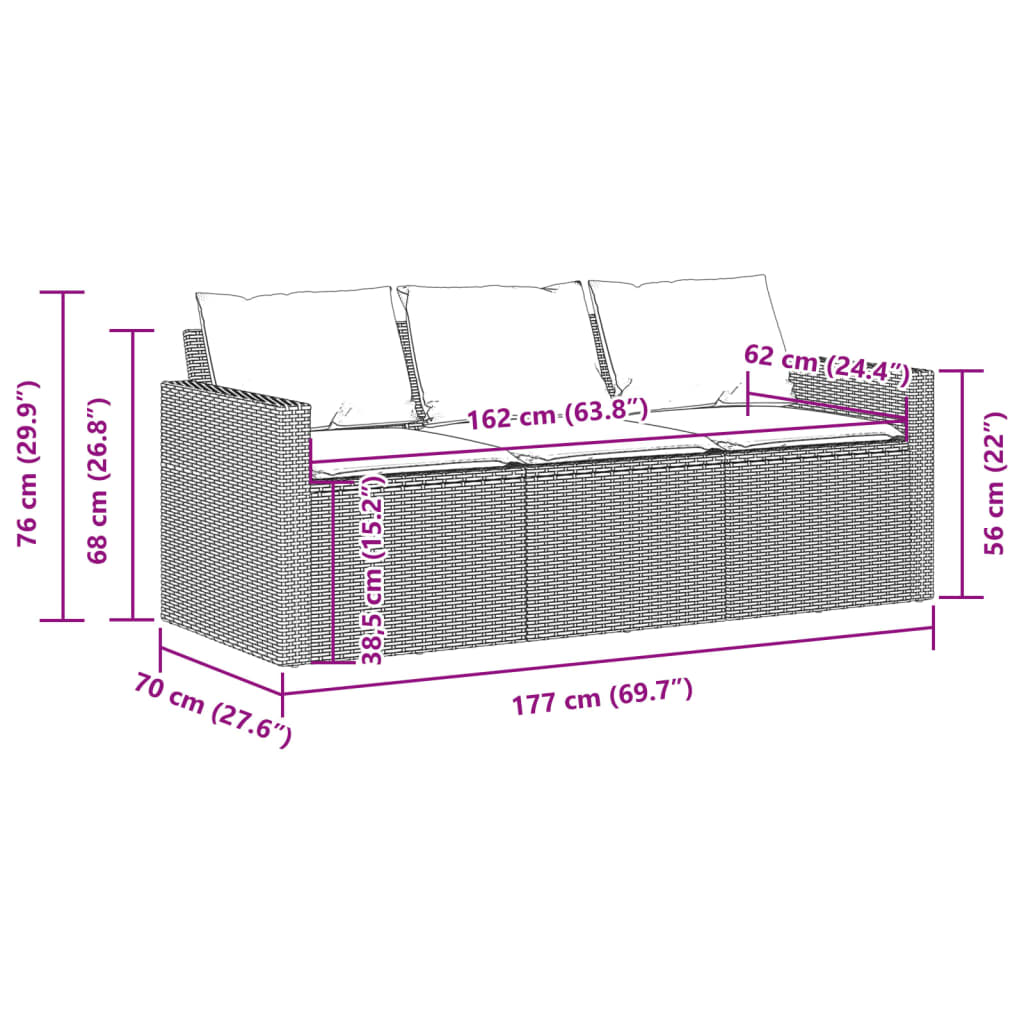 Divano da Giardino a 3 Posti con Cuscini in Polyrattan Marrone | homemem39