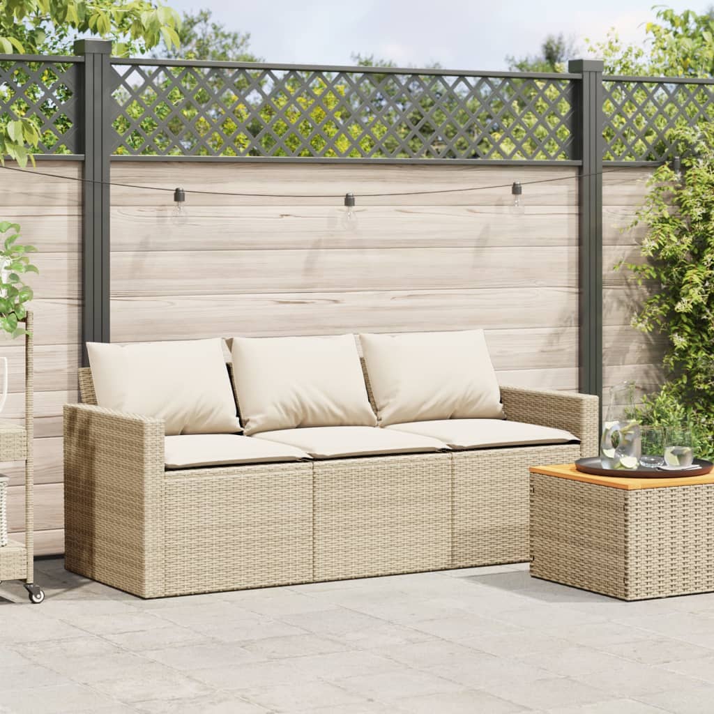 Divano da Giardino con Cuscini a 3 Posti Beige in Polyrattan | homemem39