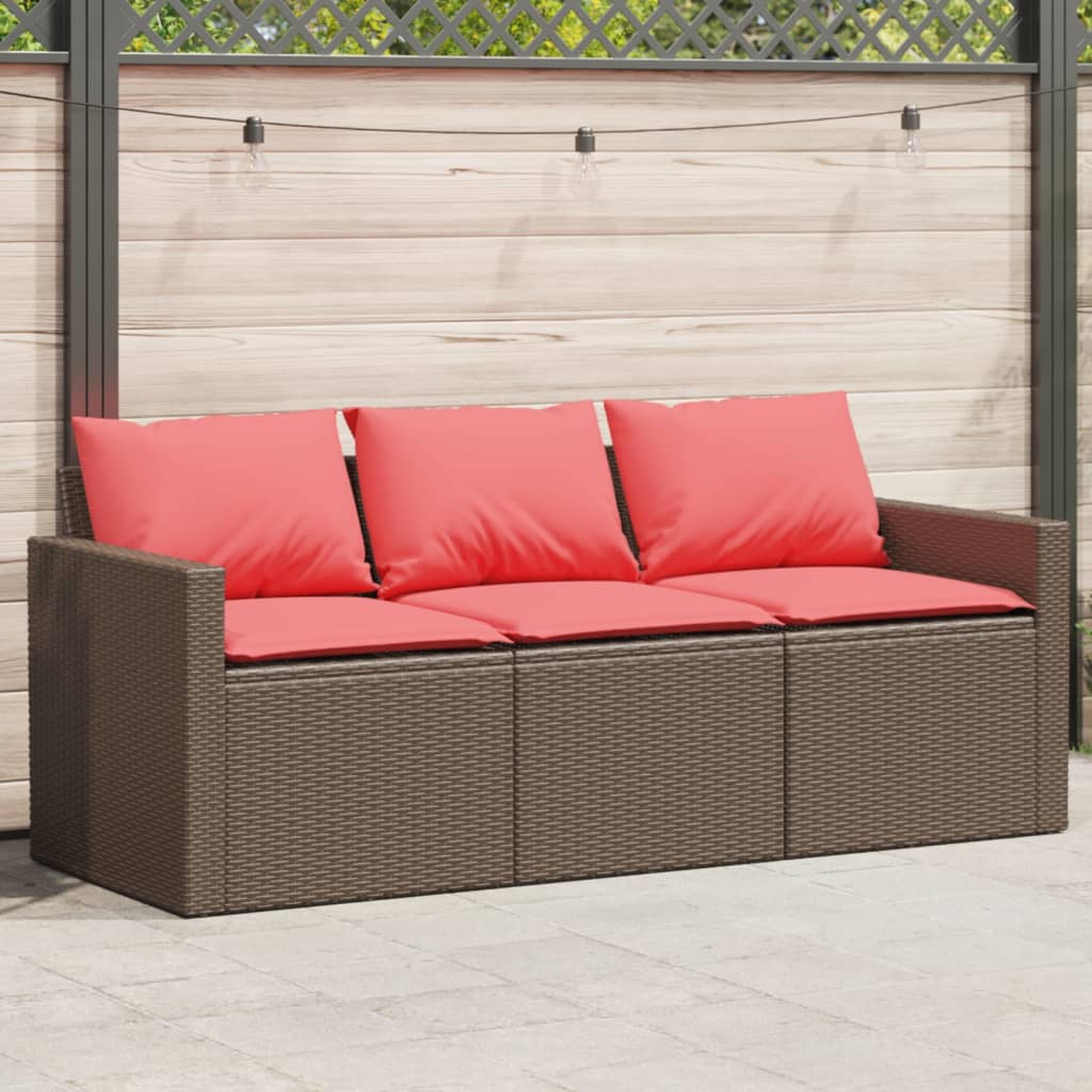 Divano da Giardino a 3 Posti con Cuscini in Polyrattan Marrone | homemem39