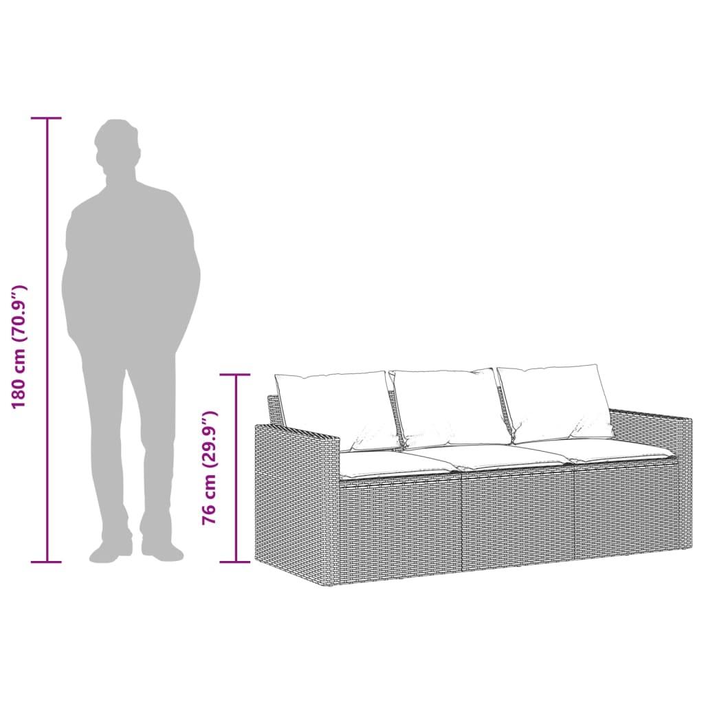 Divano da Giardino a 3 Posti con Cuscini Nero in Polyrattan | homemem39
