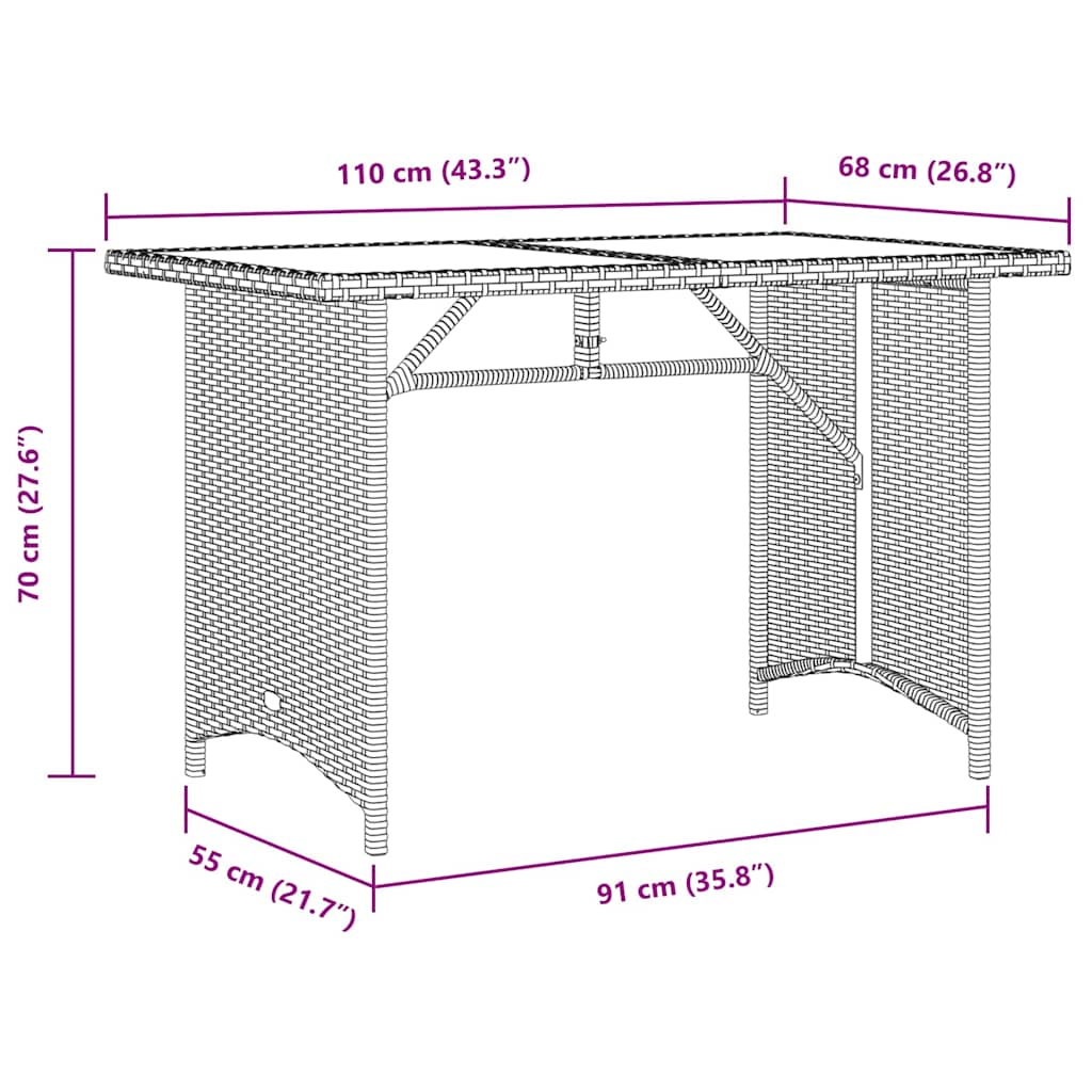 Tavolo Giardino Piano in Vetro Marrone 110x68x70 cm Polyrattan - homemem39