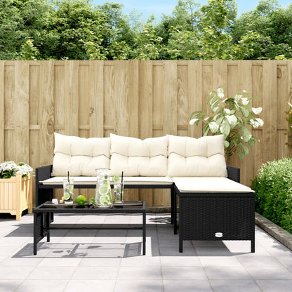 Divano da Giardino con Tavolo e Cuscini a L Nero in Polyrattan | homemem39