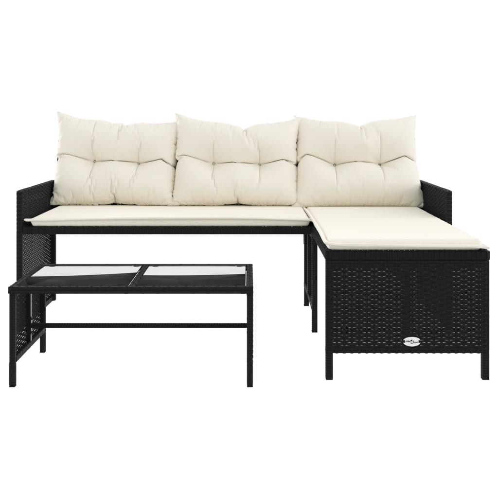 Divano da Giardino con Tavolo e Cuscini a L Nero in Polyrattan | homemem39