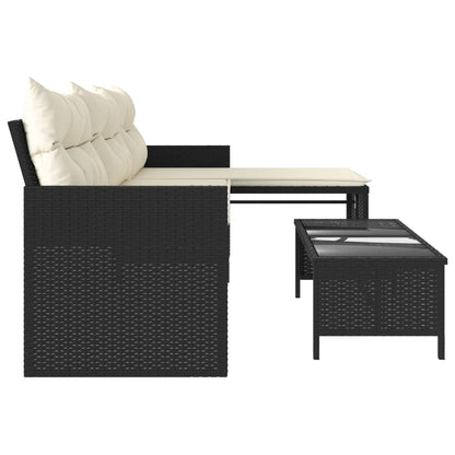Divano da Giardino con Tavolo e Cuscini a L Nero in Polyrattan | homemem39