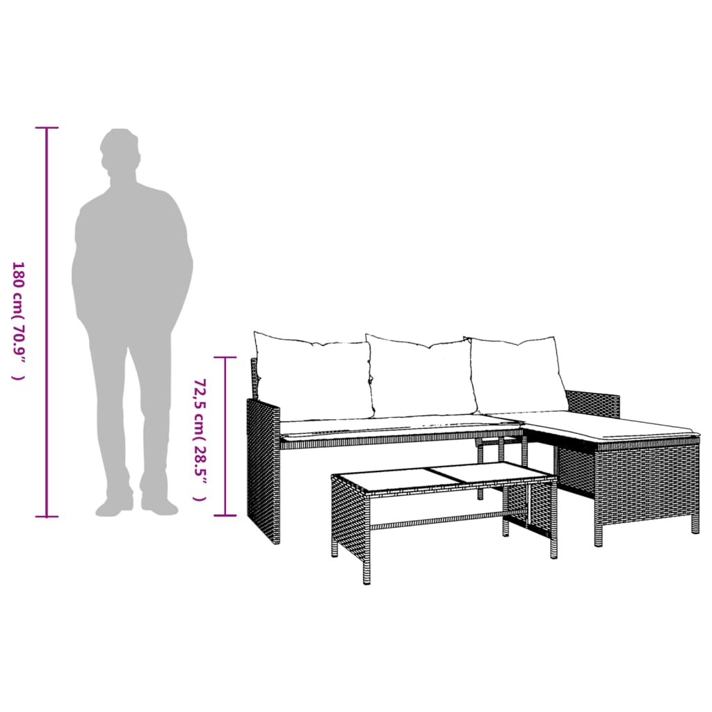Divano da Giardino con Tavolo e Cuscini a L Nero in Polyrattan | homemem39