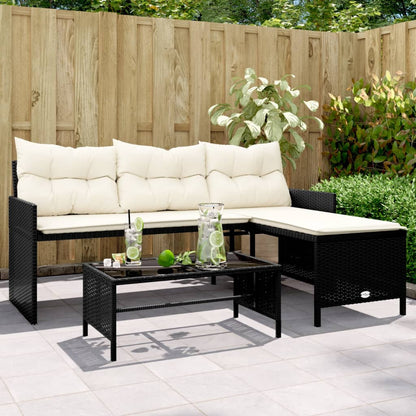 Divano da Giardino con Tavolo e Cuscini a L Nero in Polyrattan | homemem39