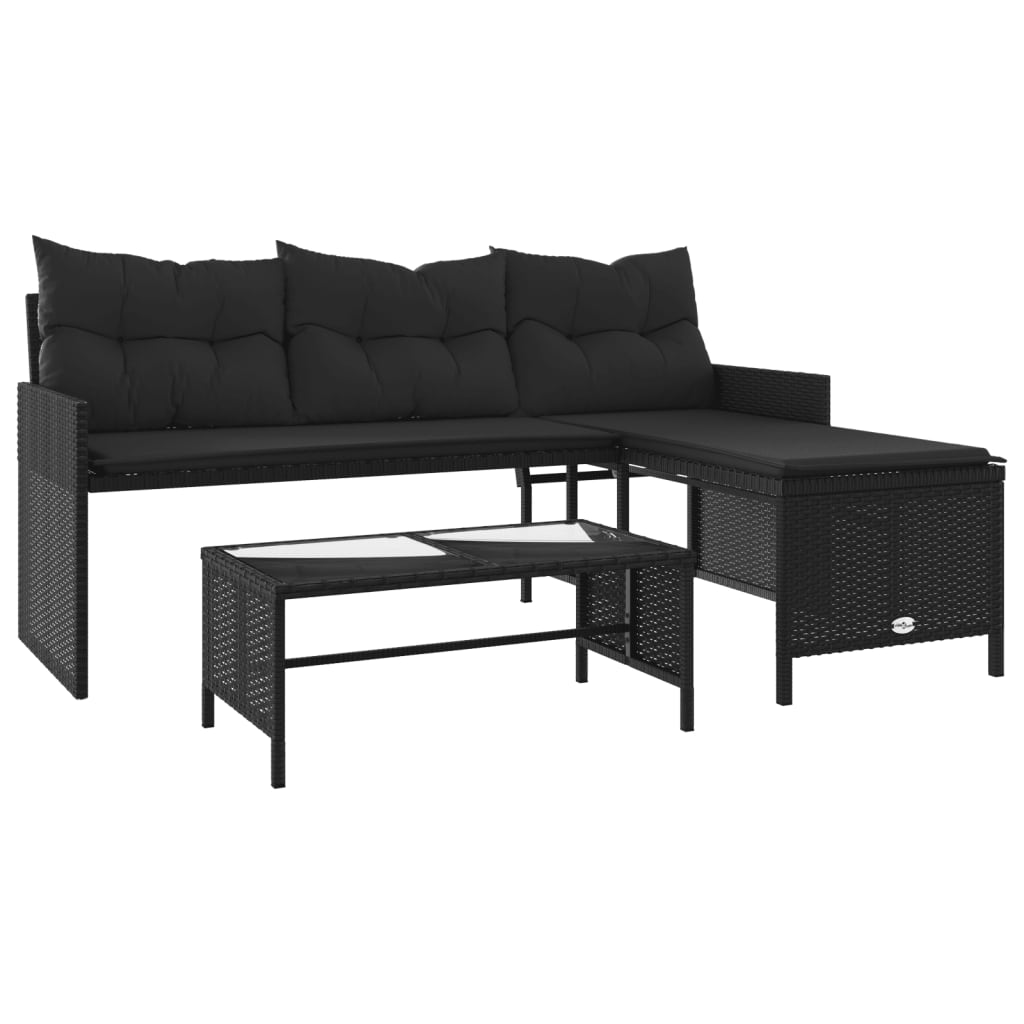 Divano da Giardino con Tavolo e Cuscini a L Nero in Polyrattan | homemem39