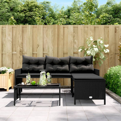 Divano da Giardino con Tavolo e Cuscini a L Nero in Polyrattan | homemem39