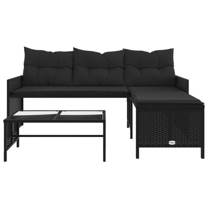 Divano da Giardino con Tavolo e Cuscini a L Nero in Polyrattan | homemem39