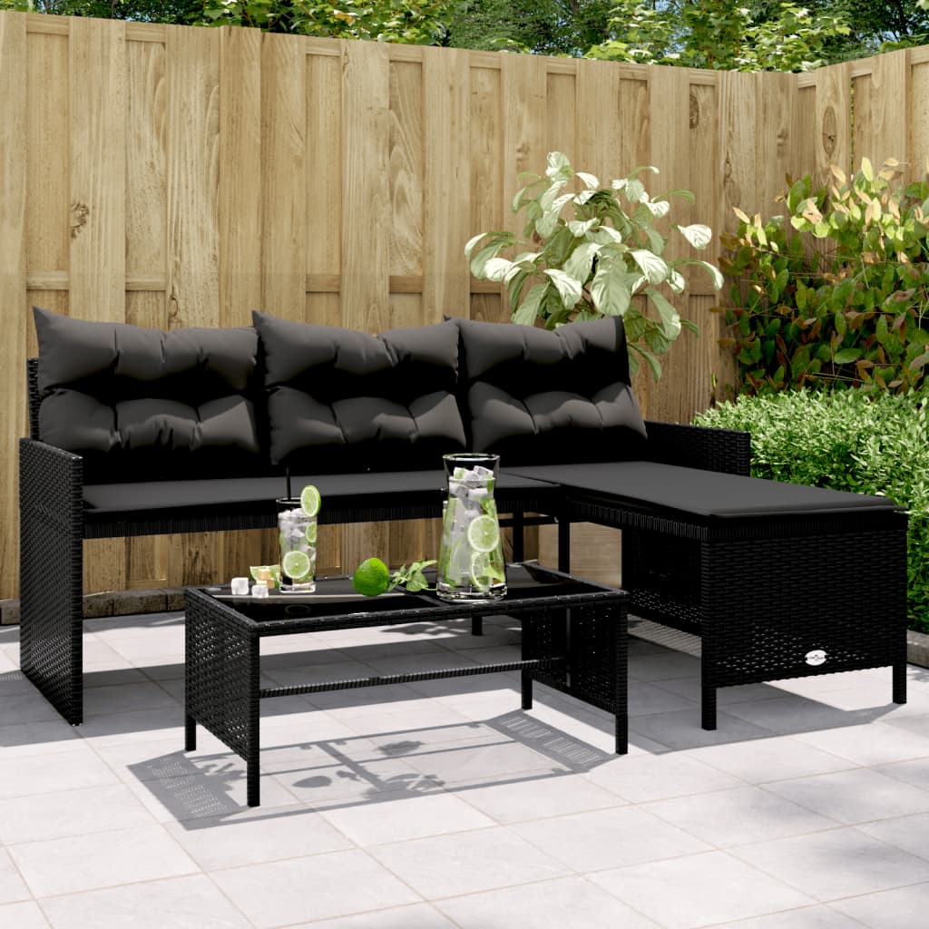 Divano da Giardino con Tavolo e Cuscini a L Nero in Polyrattan | homemem39