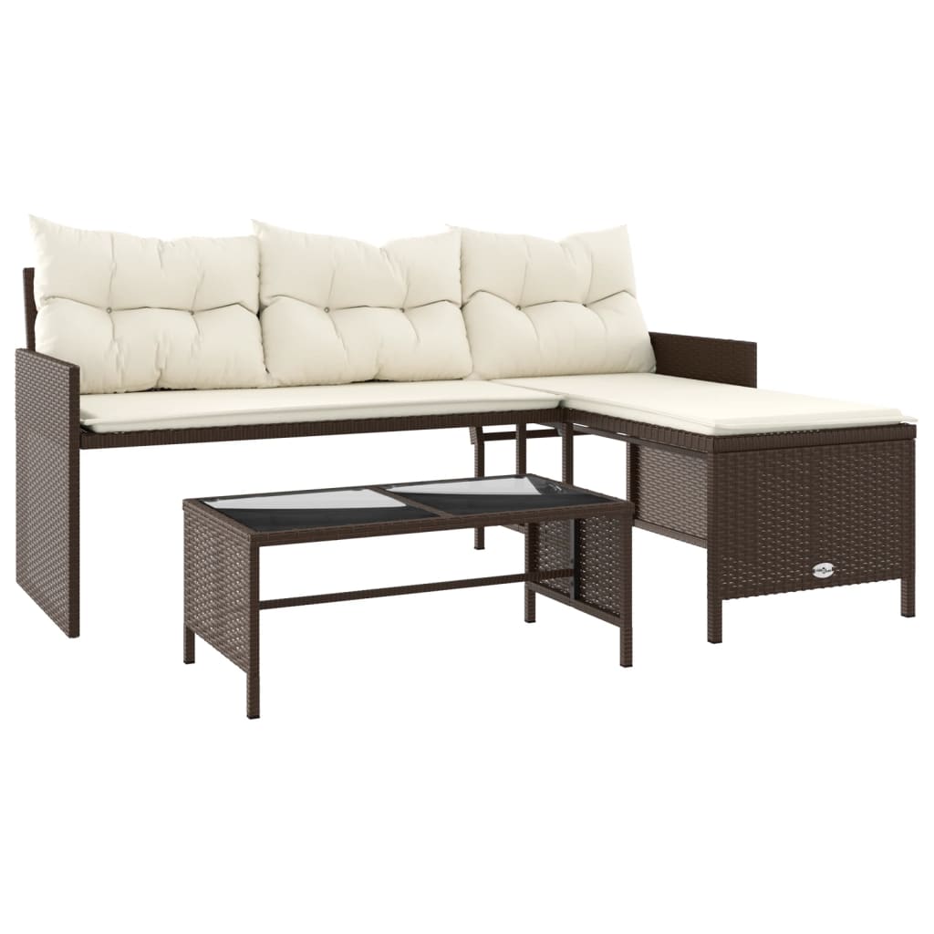 Divano da Giardino con Tavolo e Cuscini a L Marrone Polyrattan | homemem39
