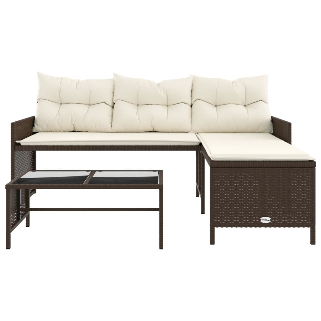 Divano da Giardino con Tavolo e Cuscini a L Marrone Polyrattan | homemem39