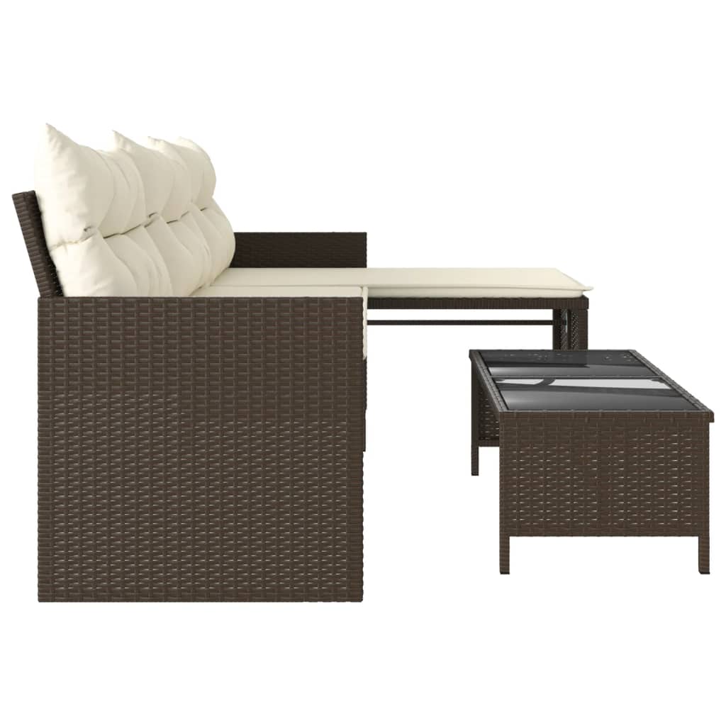 Divano da Giardino con Tavolo e Cuscini a L Marrone Polyrattan | homemem39