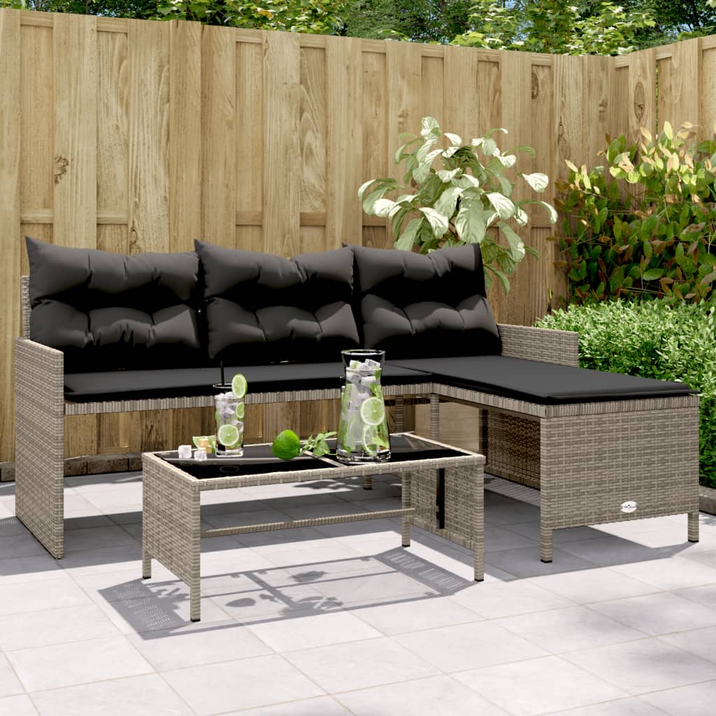 Divano da Giardino con Tavolo e Cuscini a L Grigio Polyrattan | homemem39