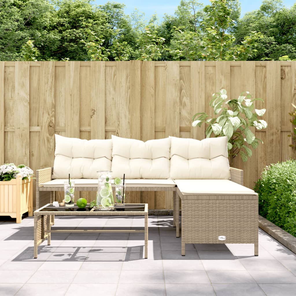 Divano da Giardino con Tavolo e Cuscini a L Beige in Polyrattan | homemem39
