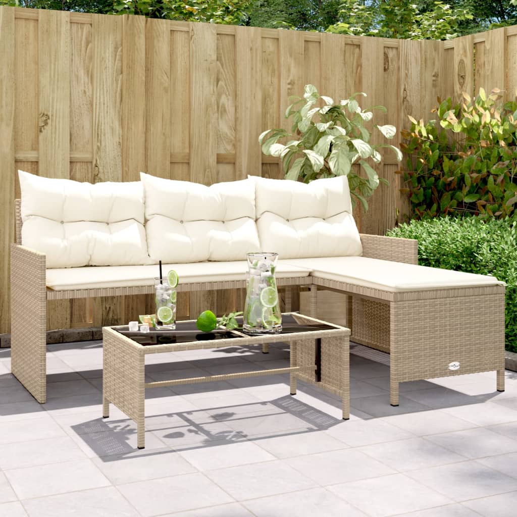 Divano da Giardino con Tavolo e Cuscini a L Beige in Polyrattan | homemem39