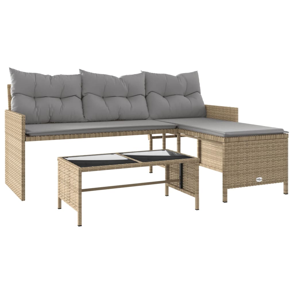 Divano Giardino con Tavolo e Cuscini a L Beige Misto Polyrattan | homemem39