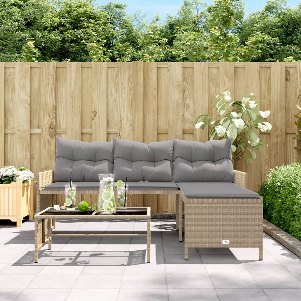 Divano Giardino con Tavolo e Cuscini a L Beige Misto Polyrattan | homemem39