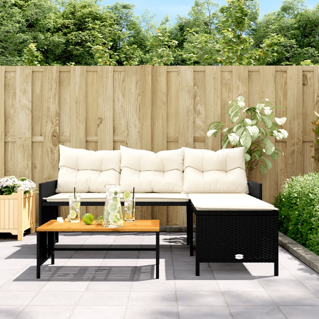 Divano da Giardino con Tavolo e Cuscini a L Nero in Polyrattan | homemem39