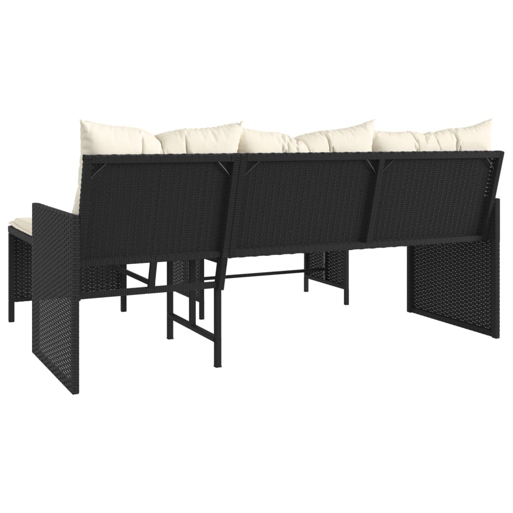 Divano da Giardino con Tavolo e Cuscini a L Nero in Polyrattan | homemem39