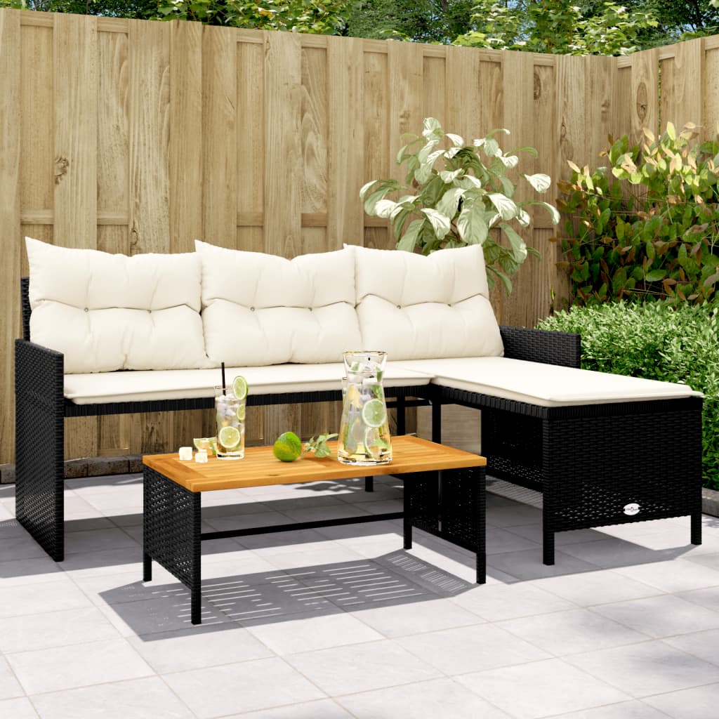 Divano da Giardino con Tavolo e Cuscini a L Nero in Polyrattan | homemem39