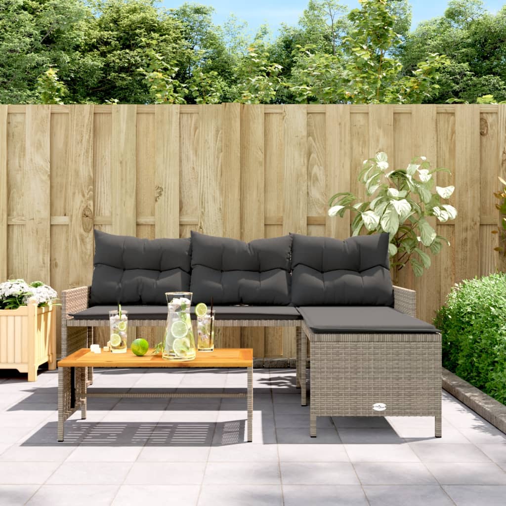 Divano da Giardino con Tavolo e Cuscini a L Grigio Polyrattan | homemem39