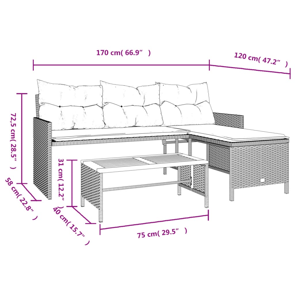 Divano da Giardino con Tavolo e Cuscini a L Grigio Polyrattan | homemem39
