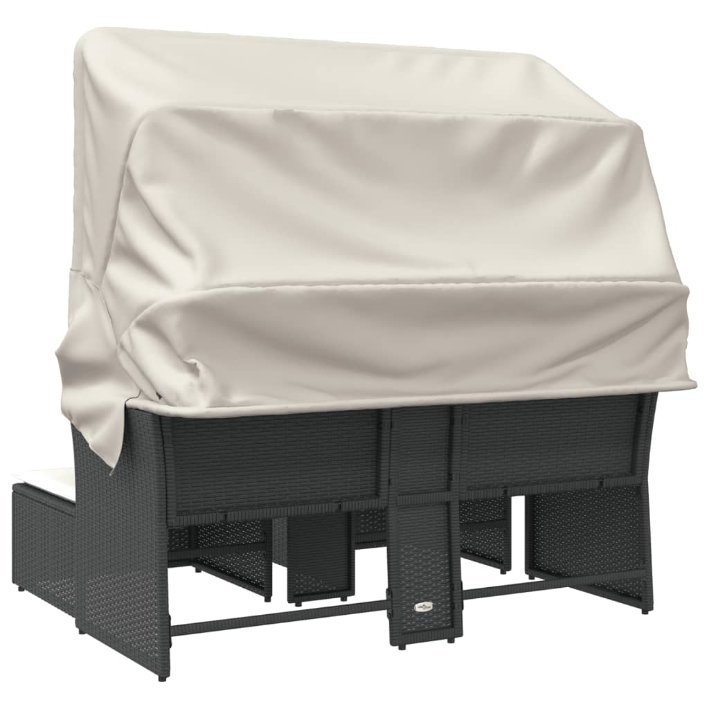 Divano Giardino 2 Posti Baldacchino e Sgabelli Nero Polyrattan | homemem39