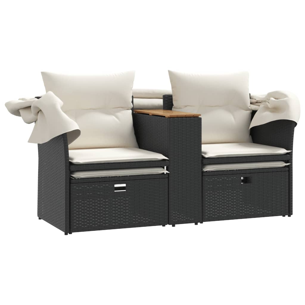 Divano Giardino 2 Posti Baldacchino e Sgabelli Nero Polyrattan | homemem39