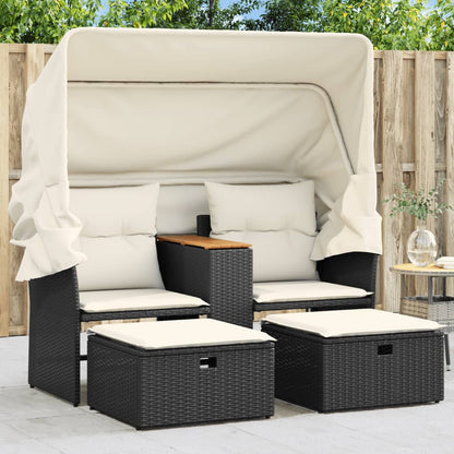 Divano Giardino 2 Posti Baldacchino e Sgabelli Nero Polyrattan | homemem39