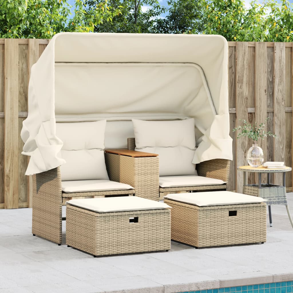 Divano Giardino 2 Posti Baldacchino e Sgabelli Beige Polyrattan | homemem39