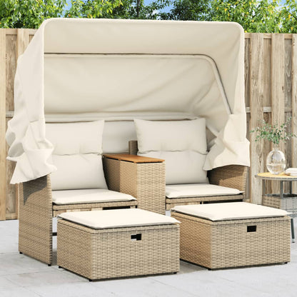 Divano Giardino 2 Posti Baldacchino e Sgabelli Beige Polyrattan | homemem39