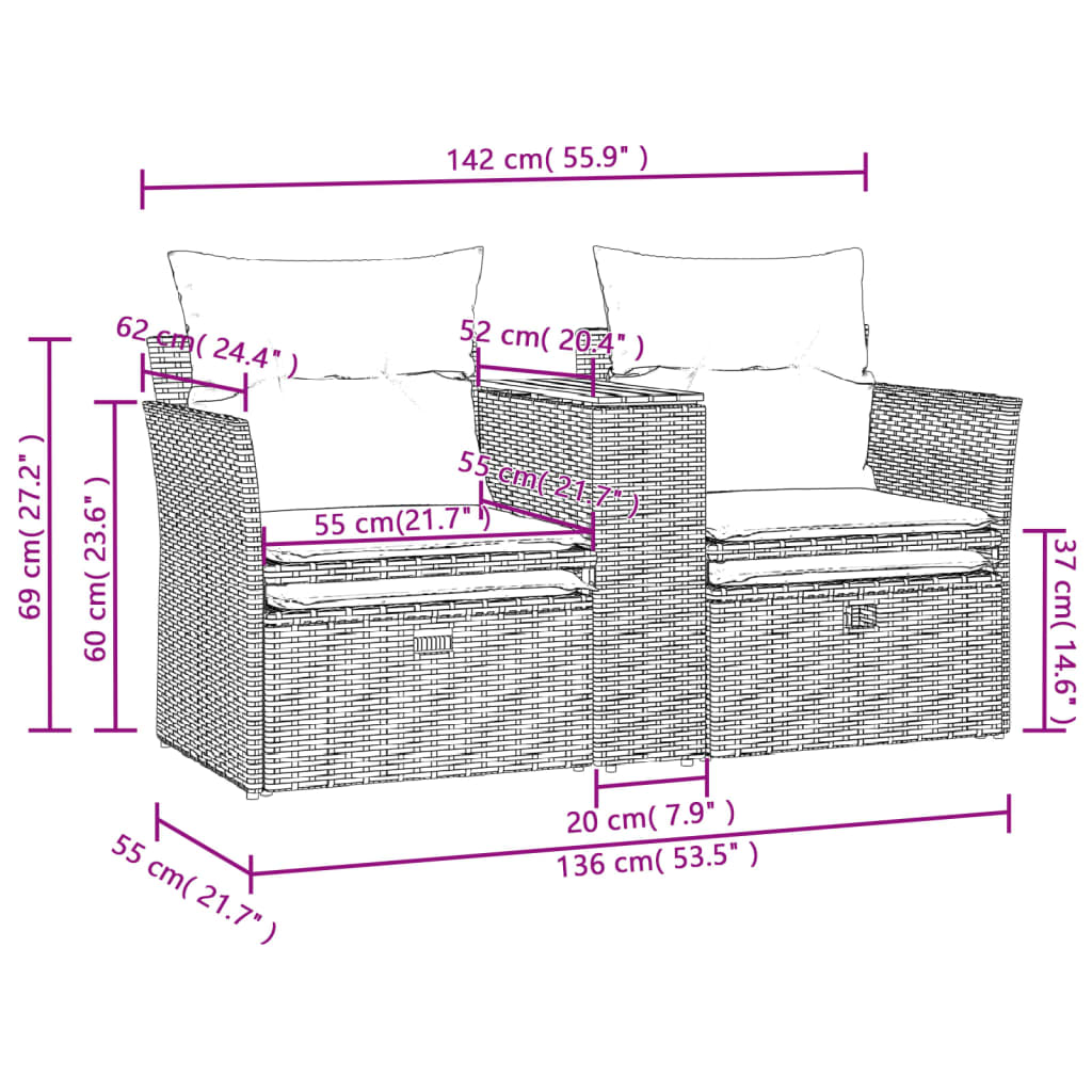 Divano da Giardino 2 Posti con Sgabelli Grigio in Polyrattan | homemem39