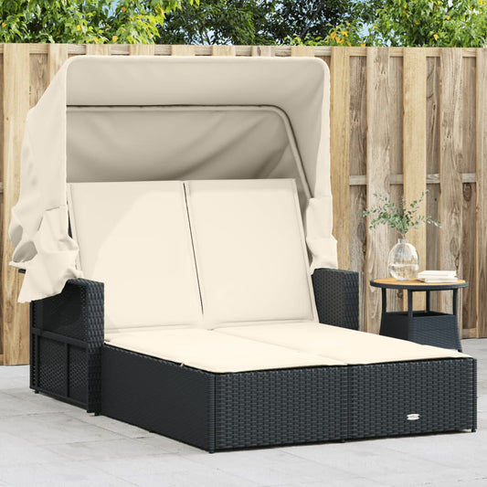 Lettino Prendisole Doppio Baldacchino e Cuscini Nero Polyrattan - homemem39