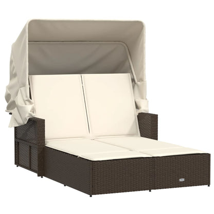 Lettino Doppio con Baldacchino e Cuscini Marrone in Polyrattan - homemem39