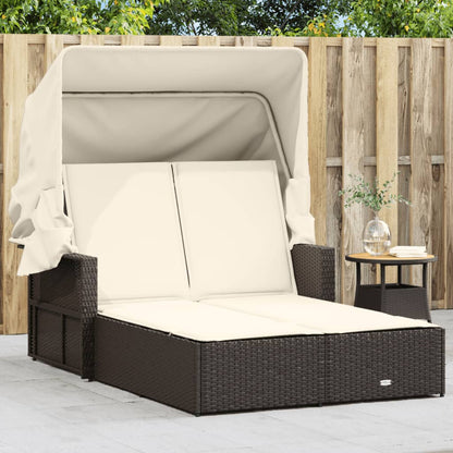 Lettino Doppio con Baldacchino e Cuscini Marrone in Polyrattan - homemem39