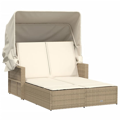 Lettino Doppio con Baldacchino e Cuscini Beige in Polyrattan