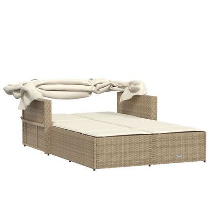 Lettino Doppio con Baldacchino e Cuscini Beige in Polyrattan