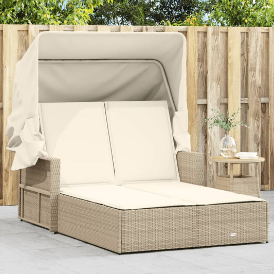 Lettino Doppio con Baldacchino e Cuscini Beige in Polyrattan - homemem39