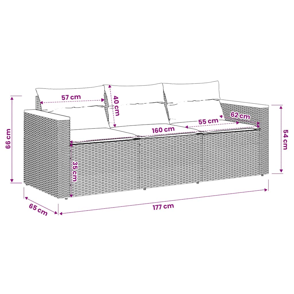 Divano da Giardino a 3 Posti con Cuscini Nero in Polyrattan | homemem39