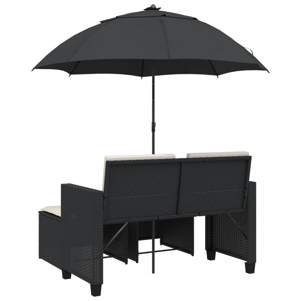 Divano Giardino 2 Posti Ombrellone e Sgabelli Nero Polyrattan | homemem39