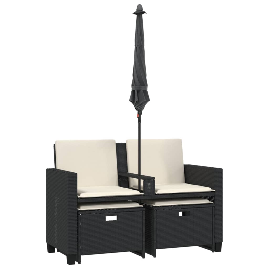 Divano Giardino 2 Posti Ombrellone e Sgabelli Nero Polyrattan | homemem39