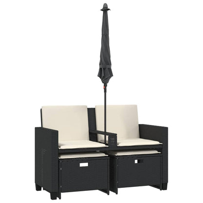 Divano Giardino 2 Posti Ombrellone e Sgabelli Nero Polyrattan | homemem39