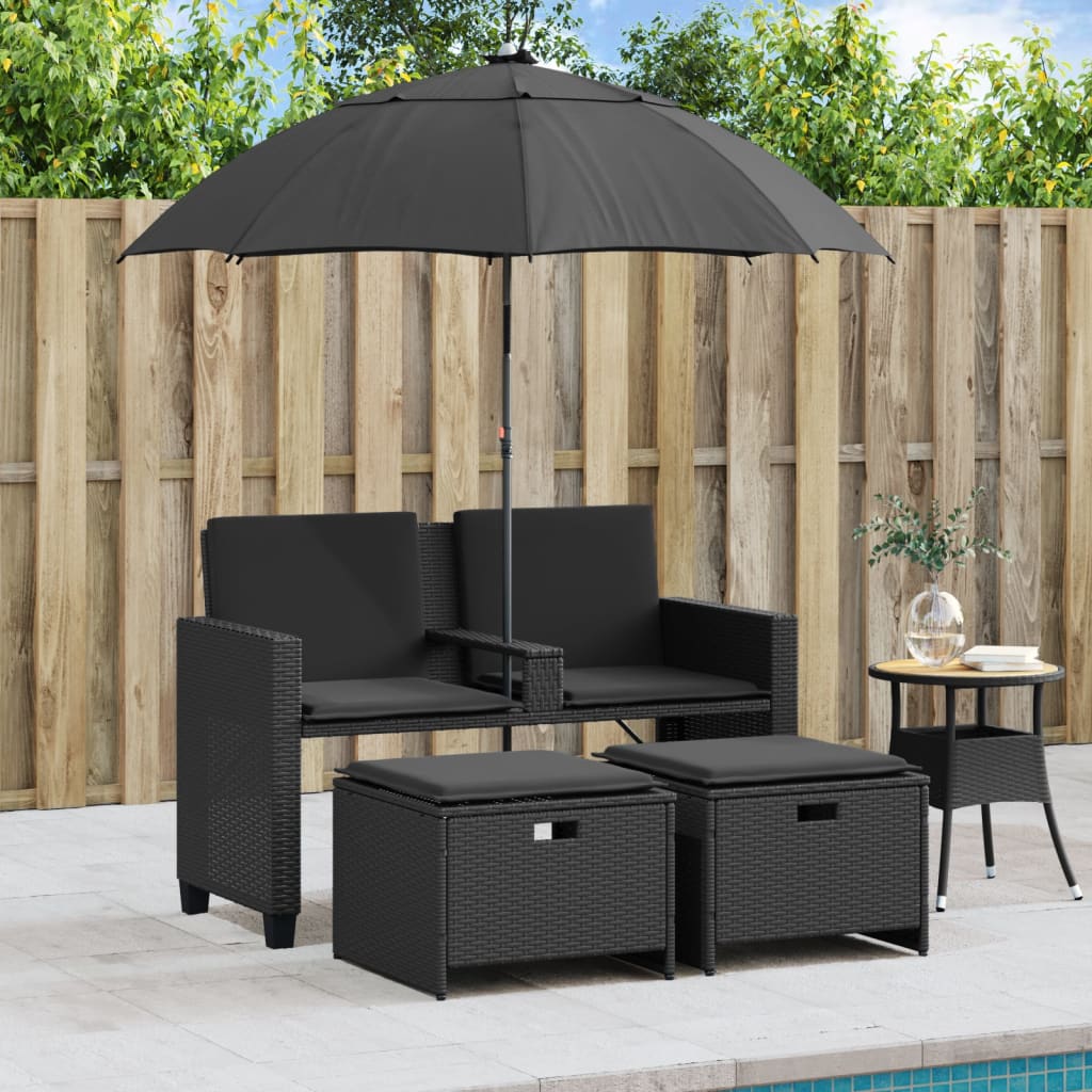 Divano Giardino 2 Posti Ombrellone e Sgabelli Nero Polyrattan | homemem39