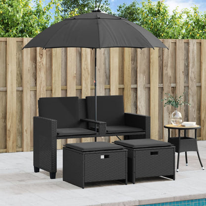 Divano Giardino 2 Posti Ombrellone e Sgabelli Nero Polyrattan | homemem39