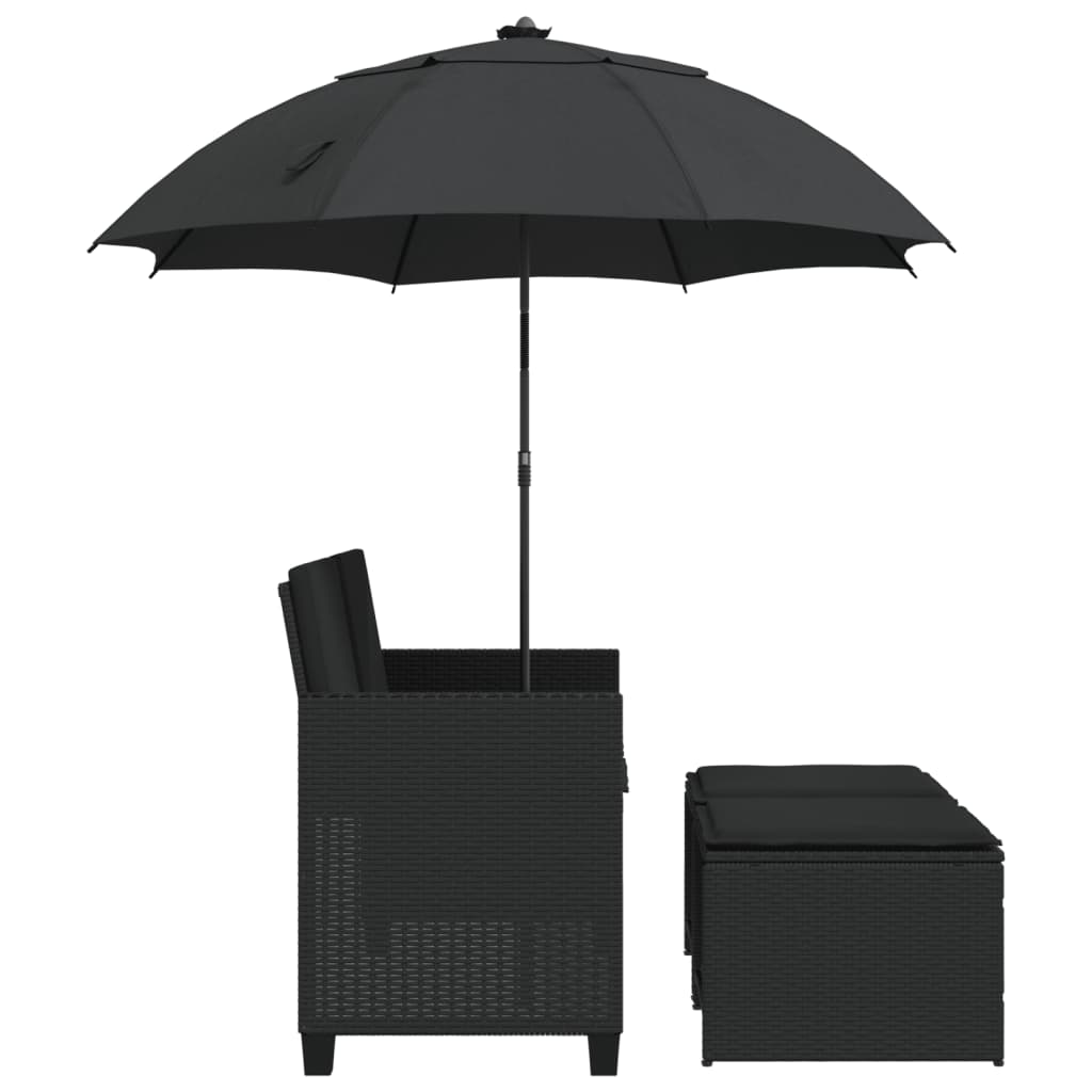 Divano Giardino 2 Posti Ombrellone e Sgabelli Nero Polyrattan | homemem39